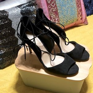 Black Suede Heels, lace ties. Sexy On. 11M.
